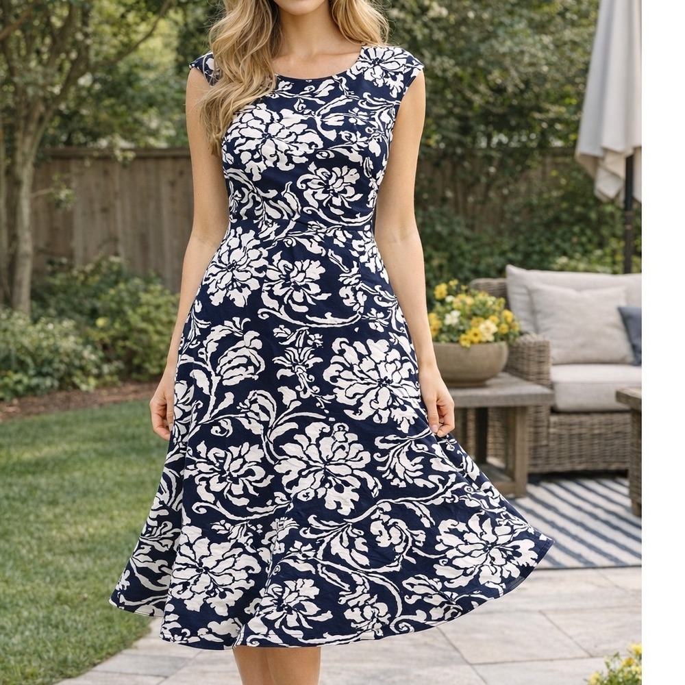 Vintage Lauren Ralph Lauren Navy&White Floral Damask Midi Dress Cap Sleeve Sz 12